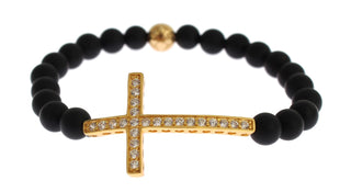 Pulsera de plata 925 CZ Cruz de oro de piedra ónice mate