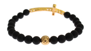 Pulsera de plata 925 CZ Cruz de oro de piedra ónice mate