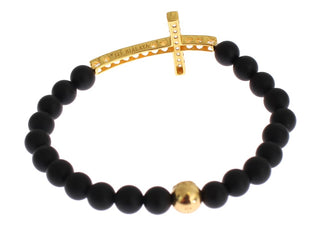 Pulsera de plata 925 CZ Cruz de oro de piedra ónice mate