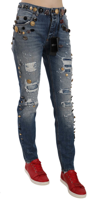 Pantalones de Mezclilla con Botones Distressed y Embellecidos
