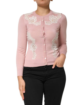 Rosa floraler Strickpullover mit Spitzenbesatz