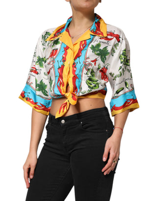Mehrfarbige Chili-Seiden-Cropped-Bluse