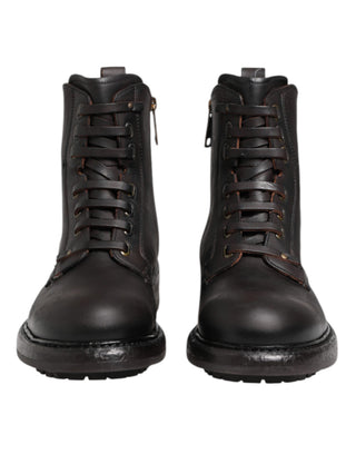 Dark Brown Leather Lace Up Mid Calf Boots Shoes