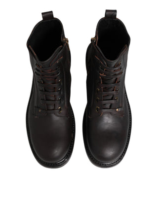Dark Brown Leather Lace Up Mid Calf Boots Shoes