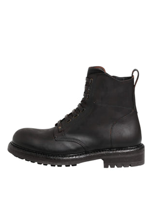 Dark Brown Leather Lace Up Mid Calf Boots Shoes