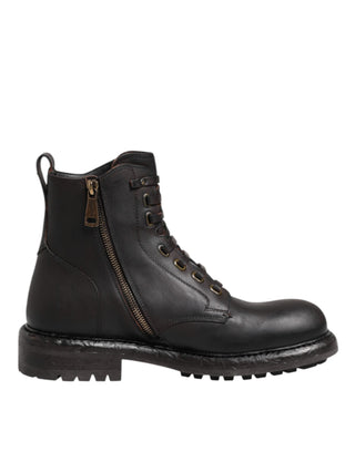 Dark Brown Leather Lace Up Mid Calf Boots Shoes