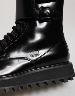 Black Leather Lace Up Mid Calf Boots Shoes