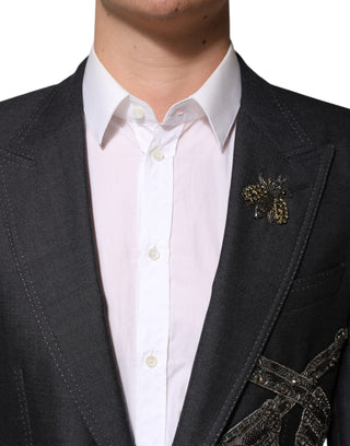 Dunkelgrauer Wollmantel-Blazer mit Bienenstickerei