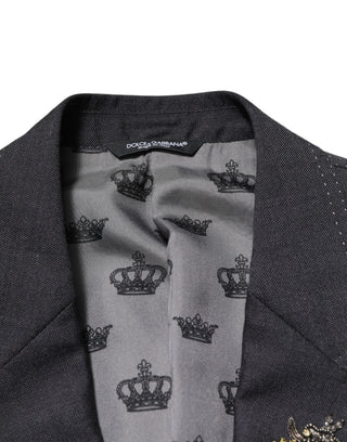 Dunkelgrauer Wollmantel-Blazer mit Bienenstickerei