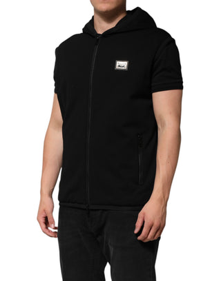 Black Sleeveless Hooded Logo Plaque Jacket