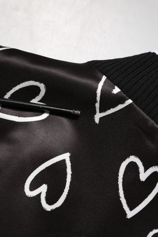 Black Polyester Heart Print Bomber Jacket