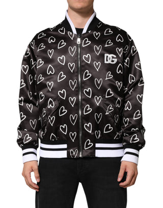 Schwarze Bomberjacke aus Polyester mit Herzmuster