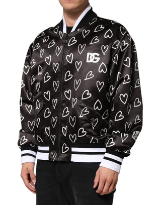 Schwarze Bomberjacke aus Polyester mit Herzmuster