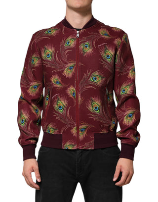 Bomberjacke mit maronfarbenem Pfauenfeder-Print