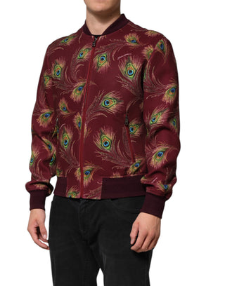 Bomberjacke mit maronfarbenem Pfauenfeder-Print