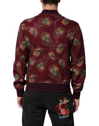 Bomberjacke mit maronfarbenem Pfauenfeder-Print