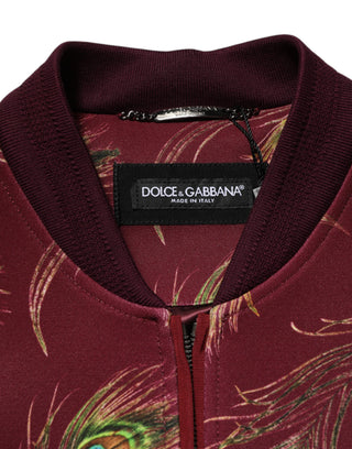 Bomberjacke mit maronfarbenem Pfauenfeder-Print