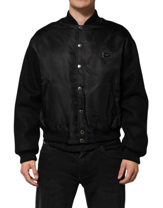 Schwarze Polyester-Bomberjacke mit Logo-Plakette