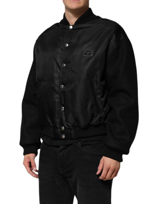 Schwarze Polyester-Bomberjacke mit Logo-Plakette