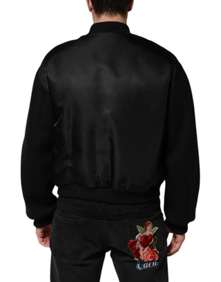 Schwarze Polyester-Bomberjacke mit Logo-Plakette