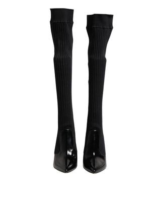 Schwarze Leder-Rippstrick-Kniehohe Stiefel
