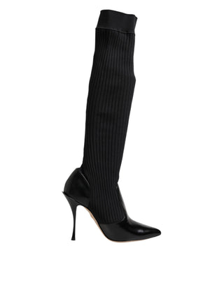 Schwarze Leder-Rippstrick-Kniehohe Stiefel