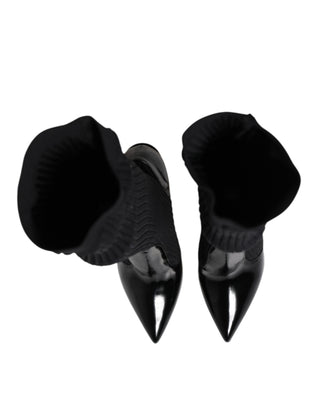 Schwarze Leder-Rippstrick-Kniehohe Stiefel