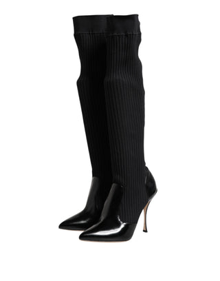 Schwarze Leder-Rippstrick-Kniehohe Stiefel