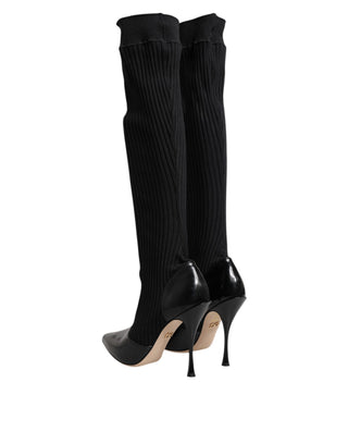 Schwarze Leder-Rippstrick-Kniehohe Stiefel