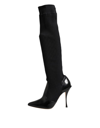 Schwarze Leder-Rippstrick-Kniehohe Stiefel