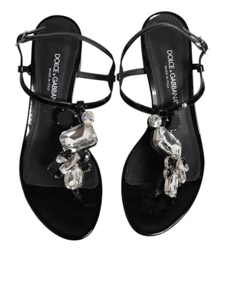 Schwarze Leder-Sandalen mit Kristall-Knöchelriemen