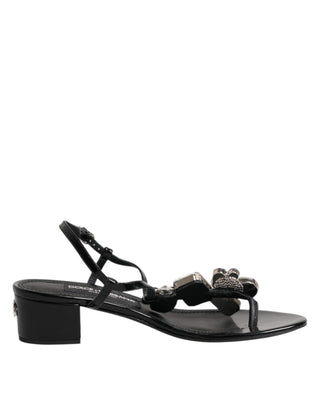 Schwarze Leder-Sandalen mit Kristall-Knöchelriemen
