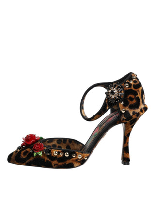 Braune Leopard Kristall Rosen Pumps Schuhe
