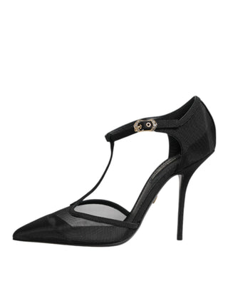 Schwarze Netz-T-Riemen-Stiletto-High Heels Schuhe