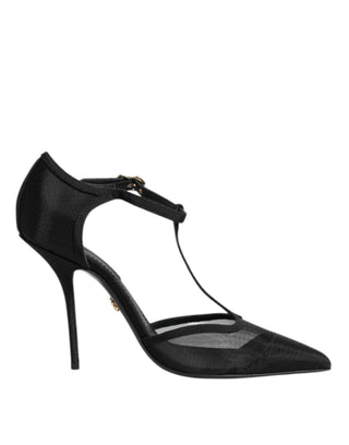 Schwarze Netz-T-Riemen-Stiletto-High Heels Schuhe