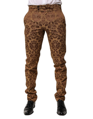 Herren-Hose, schmal geschnitten, brauner Blumen-Jacquard