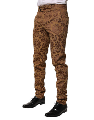Herren-Hose, schmal geschnitten, brauner Blumen-Jacquard