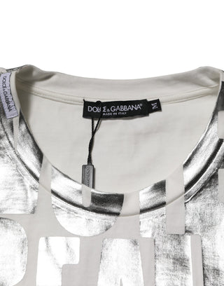 White Cotton Silver Metallic Slogan Print T-shirt