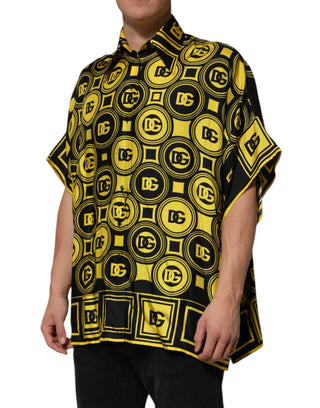 Gelbes Seiden-T-Shirt mit silbernem DG Logo und geometrischem Muster