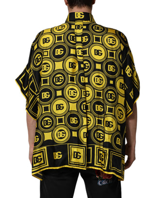 Gelbes Seiden-T-Shirt mit silbernem DG Logo und geometrischem Muster