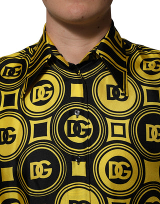 Gelbes Seiden-T-Shirt mit silbernem DG Logo und geometrischem Muster