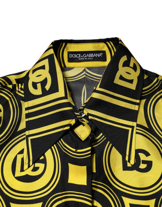 Gelbes Seiden-T-Shirt mit silbernem DG Logo und geometrischem Muster