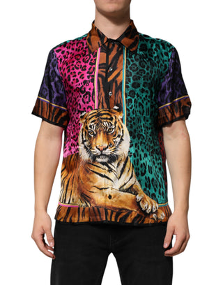 Camiseta hawaiana multicolor de seda con estampado de tigre