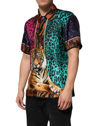 Camiseta hawaiana multicolor de seda con estampado de tigre