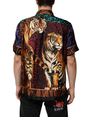 Camiseta hawaiana multicolor de seda con estampado de tigre