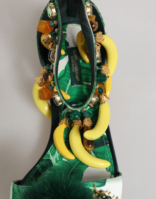 Green Mink Fur Satin Banana Leaf Sandals Shoes