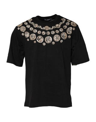 Schwarzes Baumwoll-T-Shirt mit Rundhalsausschnitt und Münzprint