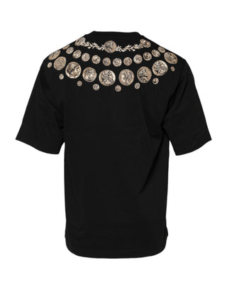 Schwarzes Baumwoll-T-Shirt mit Rundhalsausschnitt und Münzprint