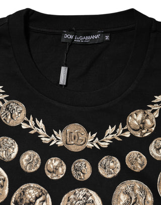 Schwarzes Baumwoll-T-Shirt mit Rundhalsausschnitt und Münzprint