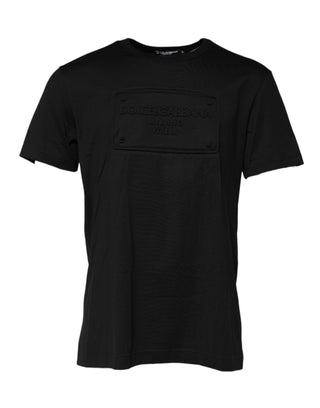 Camiseta negra de algodón con cuello redondo y logo en relieve  